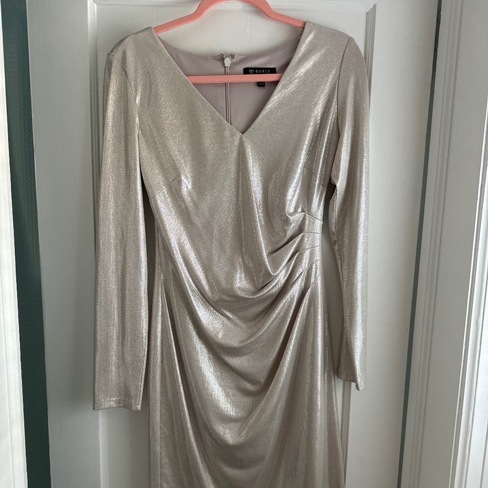 Guess Metallic Champagne V-Neck Ruched Long Sleeve Dress